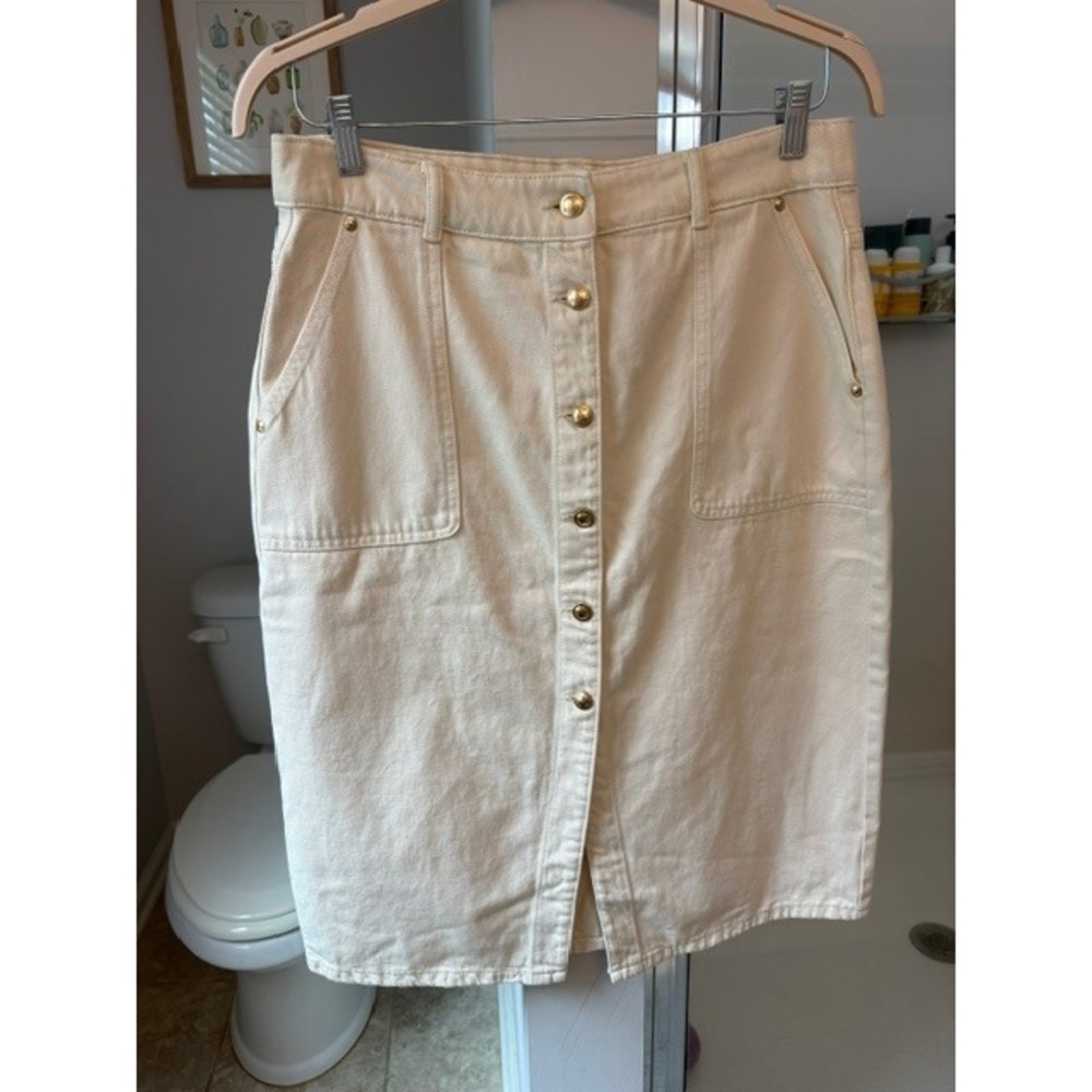 Michael Kors Womens Cream Denim Button Front Pencil Skirt Gold Hardware Size 10